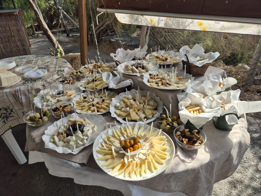 Mesa de quesos montada para una celebración, con cuñas de queso, frutos secos, encurtidos y picos